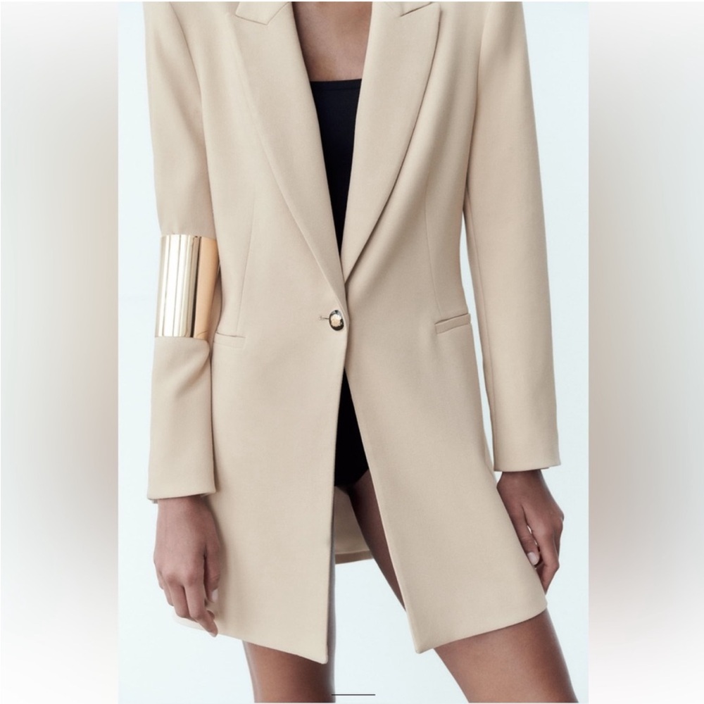 Zara Long Blazer with Single Gold Button Women’s Size Small Tan Beige - Picture 3 of 10